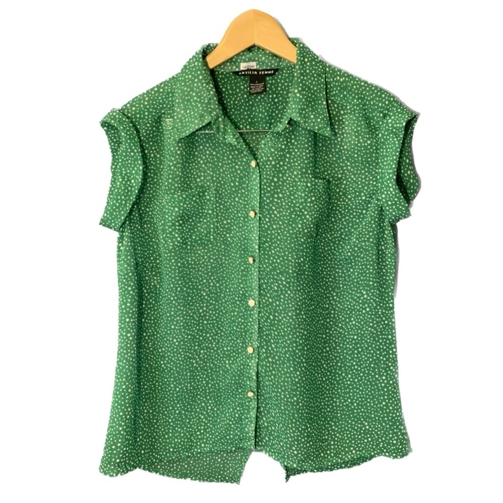 Antilia Femme Sheer Green with white dots button up blouse ladies large